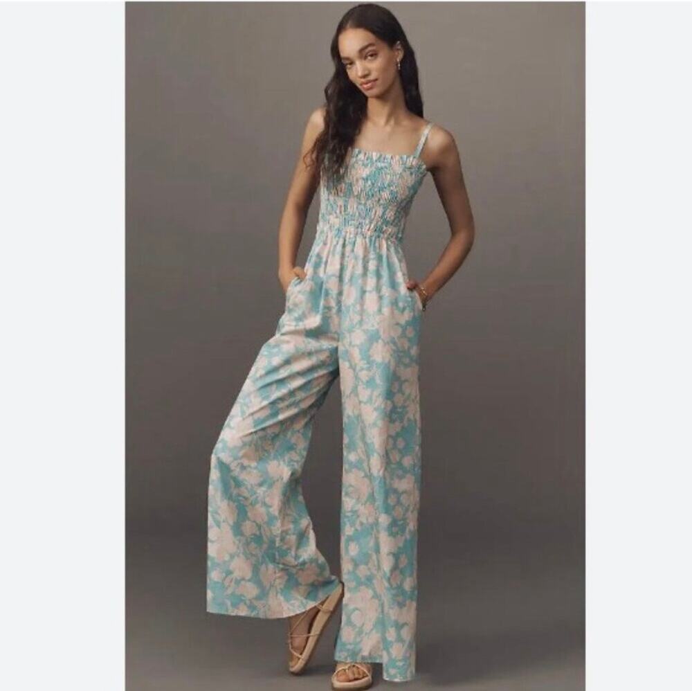 NWT Hutch Anthropologie Sleeveless Smocked Floral Wide Leg Jumpsuit Size Small